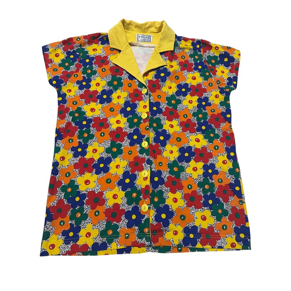 VTG POPLEG Button Up Shirt Women's Med Yellow Collar Retro/Groovy Daisy Y2K